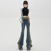 High-waist Design Feeling And Raw Hem Waistband Vintage Flared Trousers