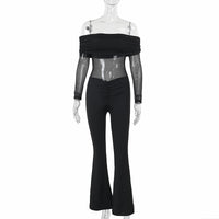 Women's Mesh-Panel Off-the-Shoulder Long-Sleeve Jumpsuit