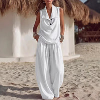 Solid-color Women's Flowing Collar Two-piece Set