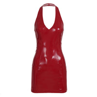 Deep V-neck Halter Cutout Bodycon Leather Dress