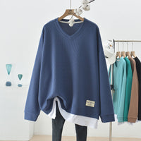 Waffle Stitching False Two-piece Sweaters Women's Autumn Loose Oversized Long Sleeves V-neck