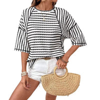 Casual Loose-fit Striped Crewneck Color-block Short-sleeve T-shirt