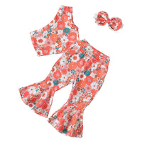 One-shoulder Girls' Summer Rose Print Bell-bottom Pants Three-piece Suit