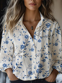 Floral-print Long-sleeve Shirt Delicate Linen Casual Blouse