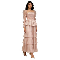 Mesh-Panelled Square-Neck Defined-Waist Elegance Womens Dress
