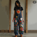 Retro Botanical Floral Art Print Denim Jumpsuit