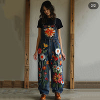 Retro Botanical Floral Art Print Denim Jumpsuit