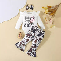 Baby Girl Cartoon Animal Flower Bell-bottom Pants Long Sleeve Headdress Three-piece Set