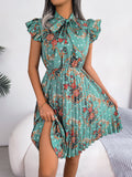 Women's Elegant Floral Print Tie Waist Flowy Pleated Skirt