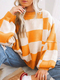 Contrast Color Checkerboard Loose And Lazy Style Stitching Sweater