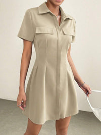 Mid-length Designer-style Pleated Waist-cinched Shirt Dress With A Lapel Collar