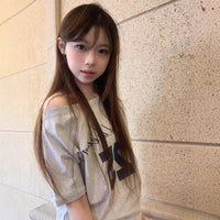 Off-Shoulder Letter Print Streetwear Gray Short-Sleeve T-Shirt