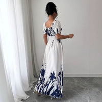 Puff-sleeve High-waist Cinched-waist Printed Maxi Slip Dress For Women