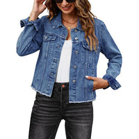 Female Solid Color Casual Embossed Denim Jacket Button Top
