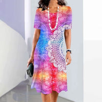 Womens Summer Classic 3D Digital Print Fashion Short-Sleeve Dress