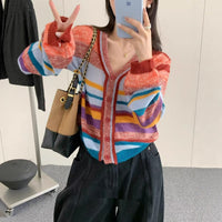Women's Rainbow Knitted Cardigan Women's V-neck Sweater
