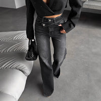 High-waisted, Slightly Flared, Washed Denim Jeans With A Slanted Waistband