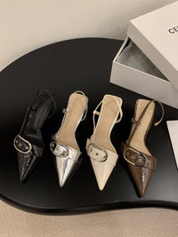 Niche French Style Silver High Heels, Closed Toe Slingback Sandals, Elegant Pointed Toe Flats, 2026 Spring&Summer New Arrival Fairy Style Women's Shoes
