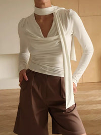 Ribbon V-neck Scarf Long-sleeved Base Shirt