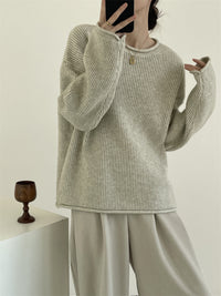 Solid-color Ribbed Irregular Knit Pullover Sweater