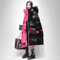 Womens Winter Loose Western-Style Over-the-Knee Long Thermal Patchwork Down Jacket