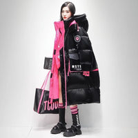 Womens Winter Loose Western-Style Over-the-Knee Long Thermal Patchwork Down Jacket