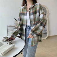 Loose-fitting Korean-style Plaid Shirt For Women