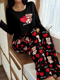 Womens Crew-Neck Bear And Heart Print Long-Sleeve Pajama Set With Long Pants