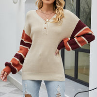 Striped Open-front Button-knit Lantern Sleeve Sweater Women