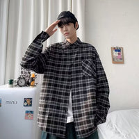 Men's Loose And Casual Black Plaid Long Sleeve Shirt