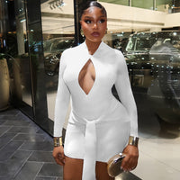 Hollow Out Bodycon Dress With A V Neck Long Sleeves And A Tie Up Design