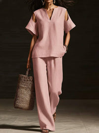 Womens Solid-Colored V-Neck Straight-Leg Pants Short-Sleeve Set With Ripped Details