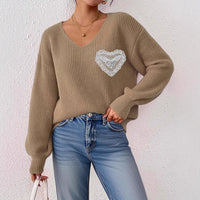 Women's V-neck Lace Brick Bow Patchwork Pocket Pullover Top