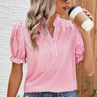 Pullover V-neck Ruffle Sleeve Top Women's Striped Chiffon Shirt