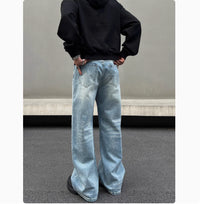 Men's Retro Whisker Washed Blue Straight Jeans