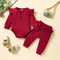 Girls' Solid Color Flounced Sleeve Romper Two-piece Cotton Clothing