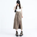 Khaki High-Waisted Raw-Hem Slit Denim Skirt Womens Summer