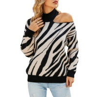 Half-high Collar Long Sleeves Tiger Pattern Sweater Off-the-shoulder Sweater