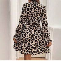 Leopard-print Cuff And Collar Ruched Waist Long-sleeve Dress