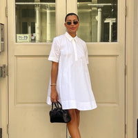 Turn-down Collar Short-sleeve Shirt Loose-waist Dress For Women