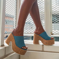 Platform Slippers Women's Light Blue One-line
