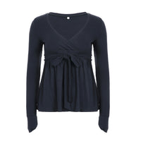 Cross-neck Tie-up Ruffled Loose-fit Lace Bow Long Sleeve