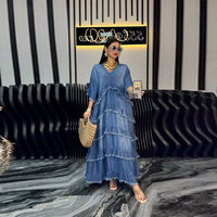 Solid-color V-neck Fashionable Raw-edge Patchwork Denim Dress