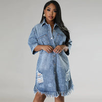 Denim Ripped Fringe Short-Sleeve Lapel Dress