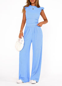 Womens Solid-Colored Summer Two-Piece Set Ruffled Hem Wide-Leg Pants Casual Fashion Outfit