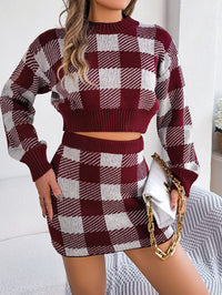Women Casual Color Block Plaid Long Sleeve Cropped Sweater & Skirt Set