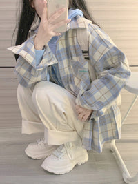 Female College Style Lazy Brushed Plaid Shirt