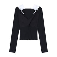 Fake Two-piece Lace-panel Off-shoulder Long-sleeve T-shirt