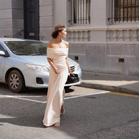 Off-shoulder Boat-neckline Figure-hugging Pleated Tube Dress