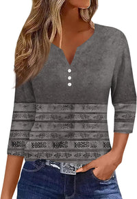 Women's V-neck Three-button 34 Sleeve Solid Color Gradient Floral Top
